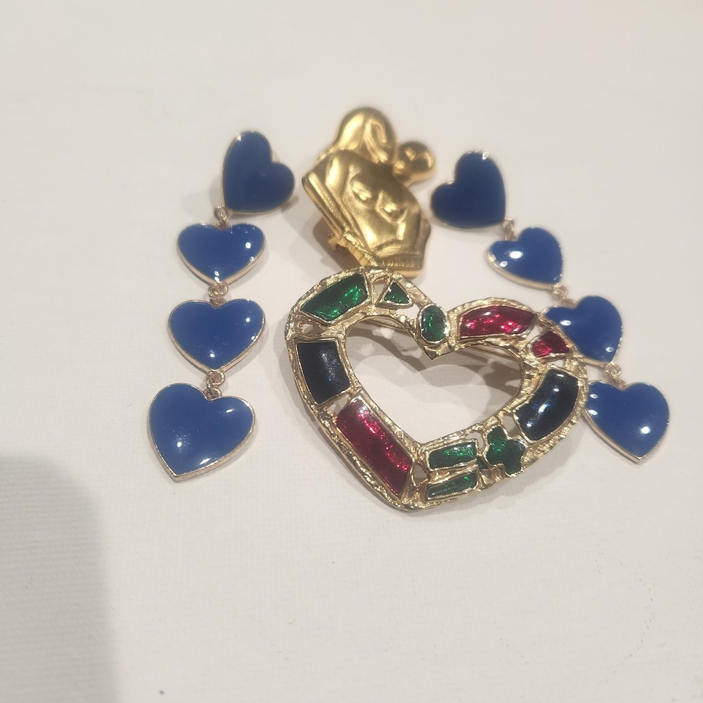 JJ Signed Mother Child Heart Enamel Brooch Pin Set Blue Hearts Dangle Earrings
